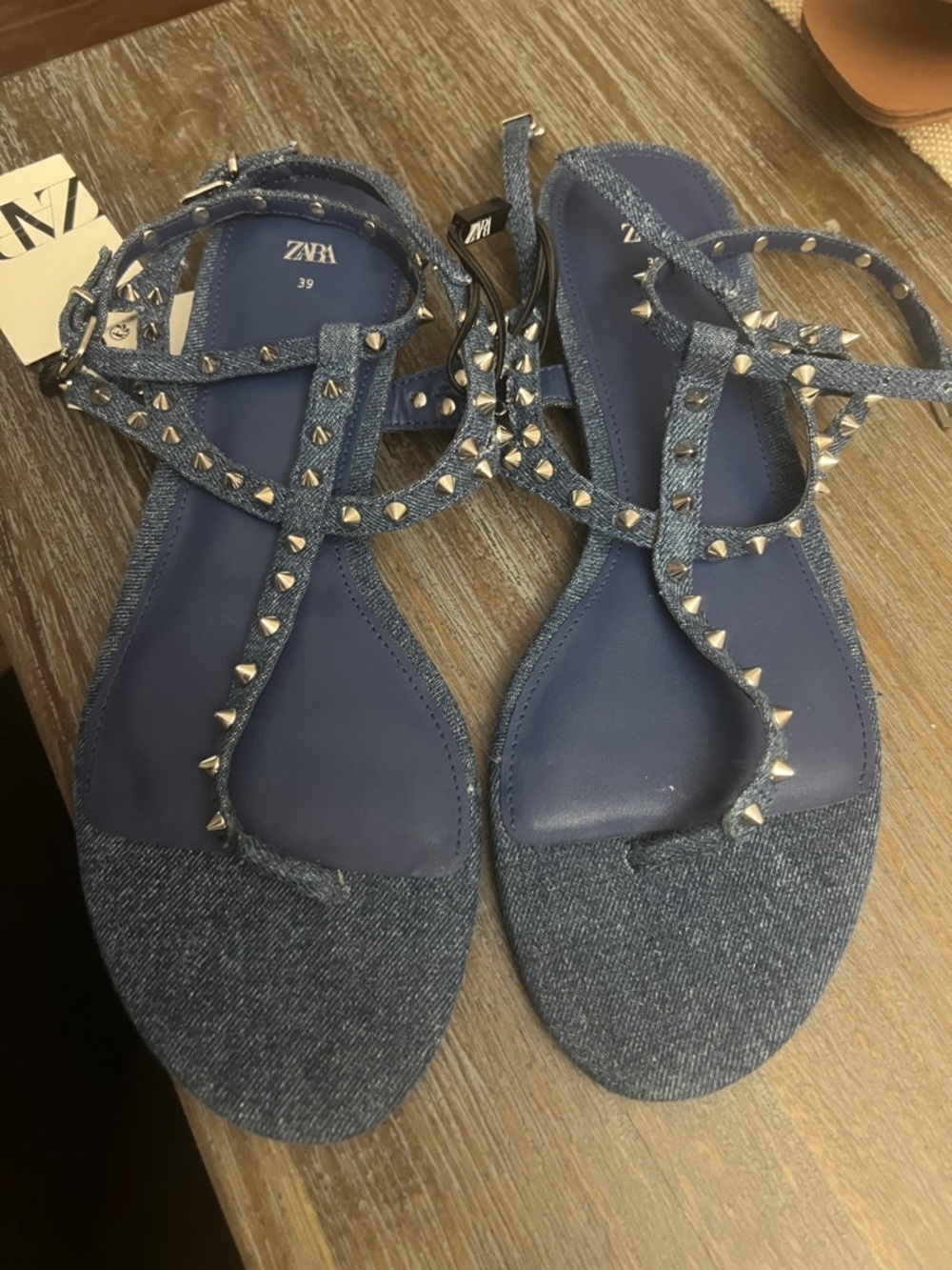 Zara Denim Blue Studded T-Strap Sandals